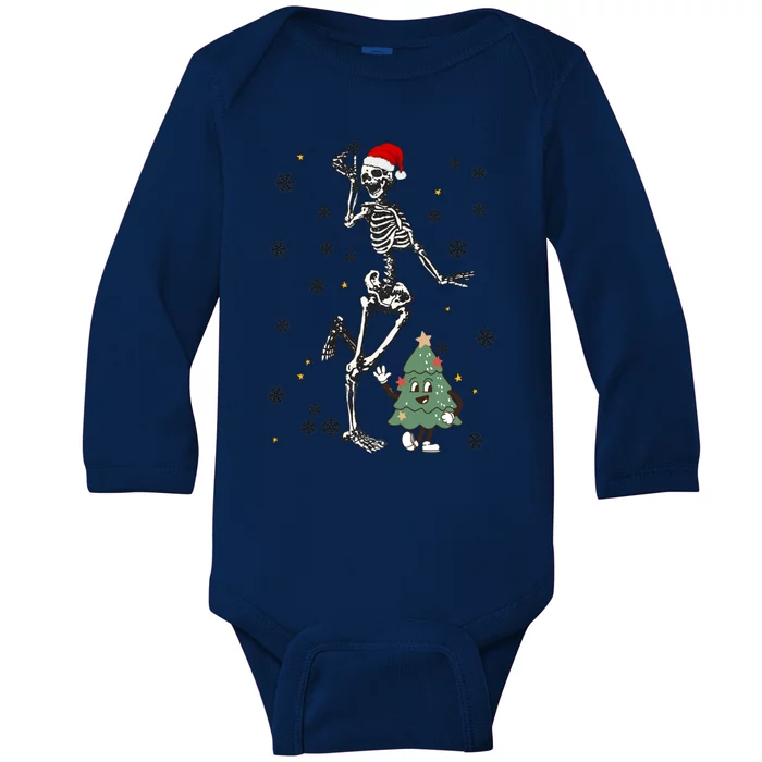 Skeleton Dancing Dancers Xmas Tree Santa Hat Funny Christmas Gift Baby Long Sleeve Bodysuit