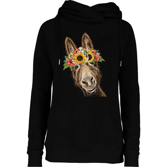 Sunflower Donkey, Donkey Flower Crown Womens Funnel Neck Pullover Hood