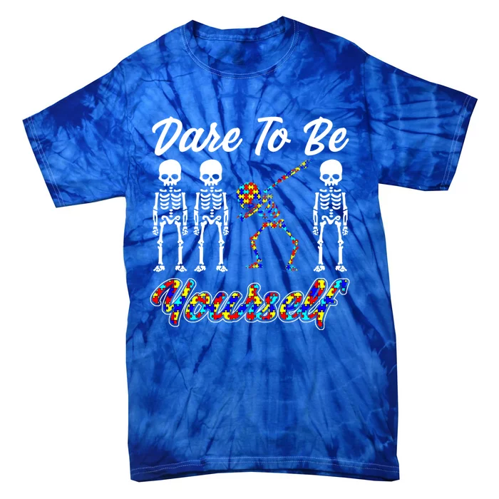 Skeleton Dabbing Dare To Be Yourself Funny Autism Gift Tie-Dye T-Shirt