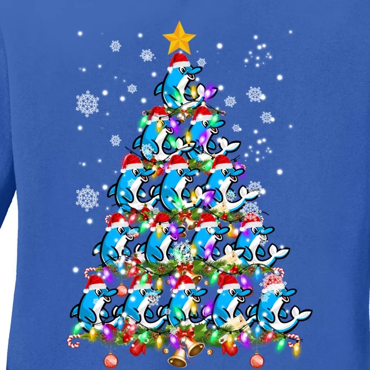 Santa Dolphin Fish Lover Xmas Gift Dolphin Christmas Tree Cute Gift Ladies Long Sleeve Shirt