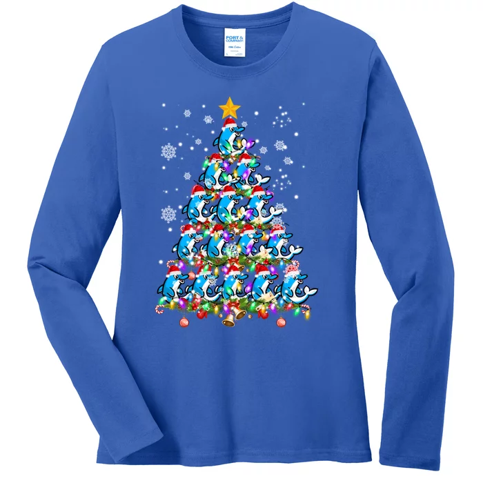 Santa Dolphin Fish Lover Xmas Gift Dolphin Christmas Tree Cute Gift Ladies Long Sleeve Shirt