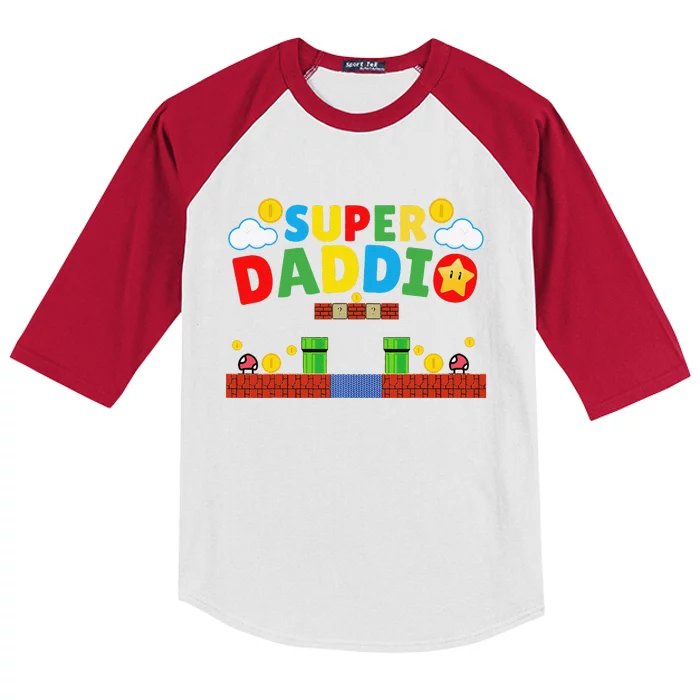 Super Dad Funny Dad Fathers Day Gamer Daddy Super Daddio Kids Colorblock Raglan Jersey