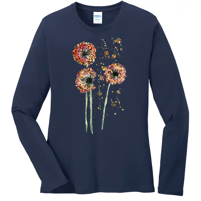 Spring Dandelion Floral Art Ladies Long Sleeve Shirt