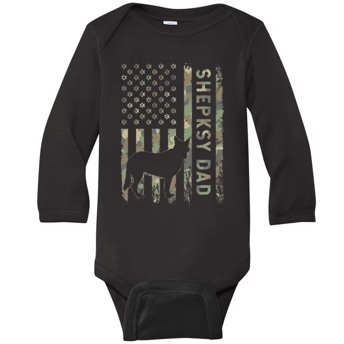 Shepsky Dad German Shepherd Husky Camo USA Flag Baby Long Sleeve Bodysuit