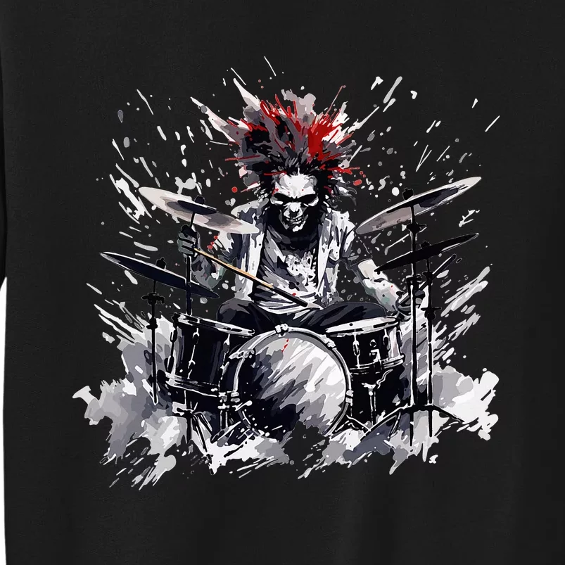 Skeleton Drummer Guy Rock And Roll Band Rock On Drum Kit Tall Sweatshirt