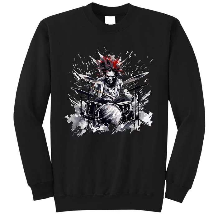 Skeleton Drummer Guy Rock And Roll Band Rock On Drum Kit Tall Sweatshirt