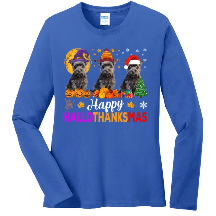 Schnauzer Dog Halloween Christmas Hallothanksmas Gift Ladies Long Sleeve Shirt