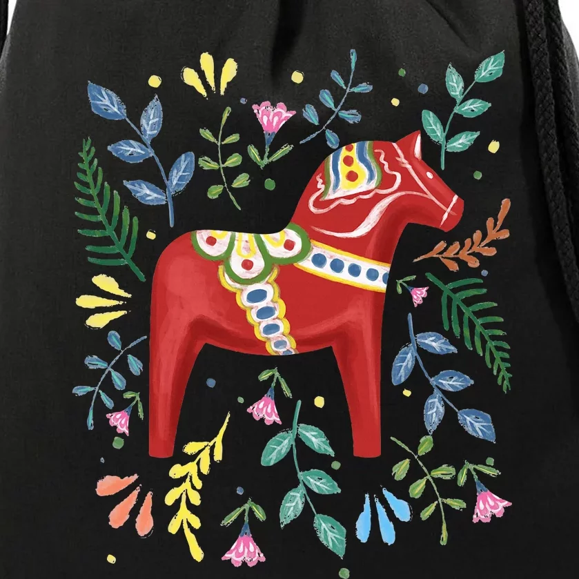 Swedish Dala Horse Folk Art Sweden Flag Dalahelmsoljd Horse Drawstring Bag