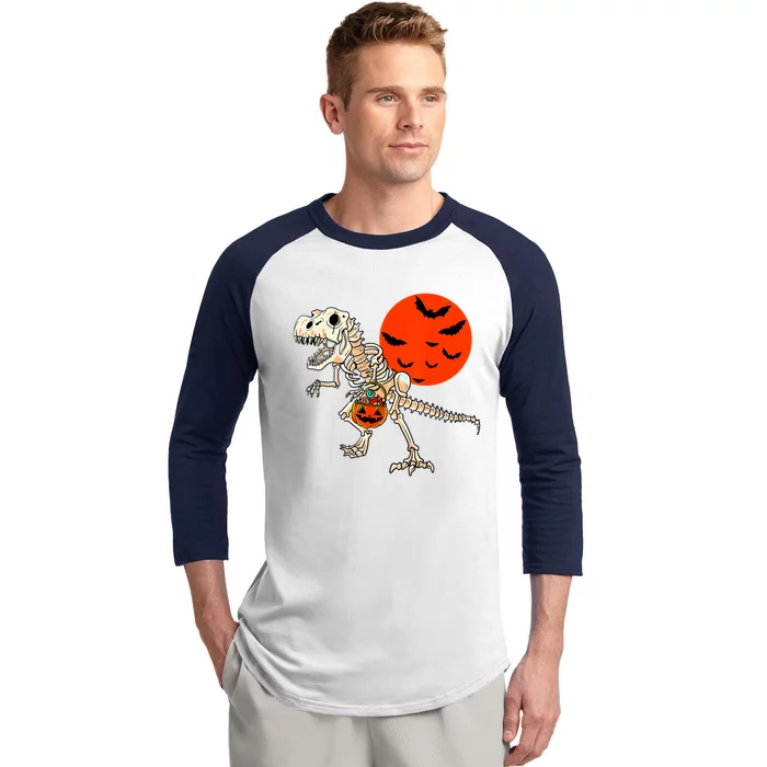 Scary Dinosaur Halloween Costume Trex Skeleton Pumpkin Moon Gift Baseball Sleeve Shirt