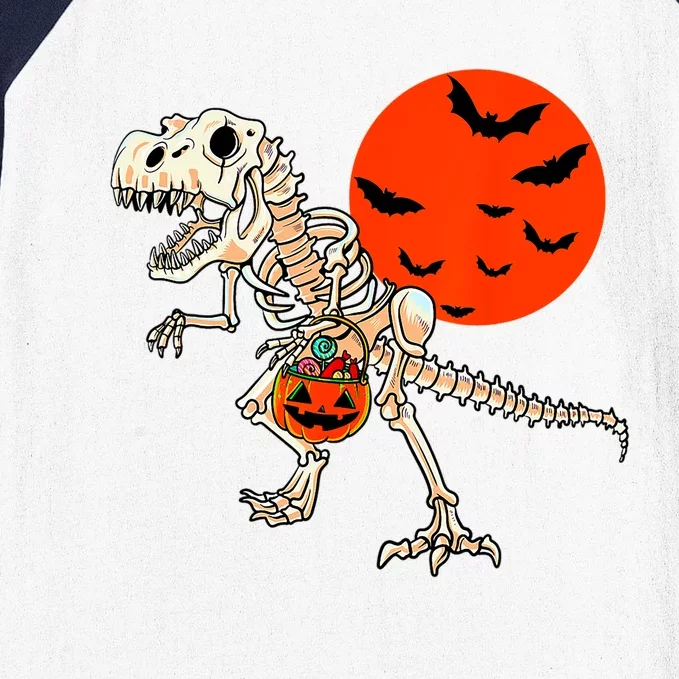 Scary Dinosaur Halloween Costume Trex Skeleton Pumpkin Moon Gift Baseball Sleeve Shirt