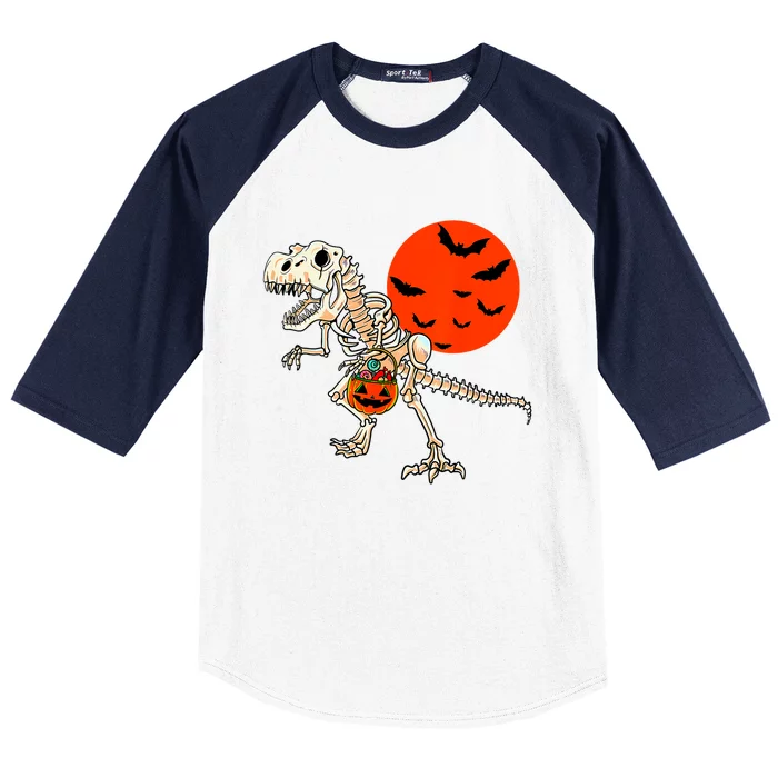 Scary Dinosaur Halloween Costume Trex Skeleton Pumpkin Moon Gift Baseball Sleeve Shirt