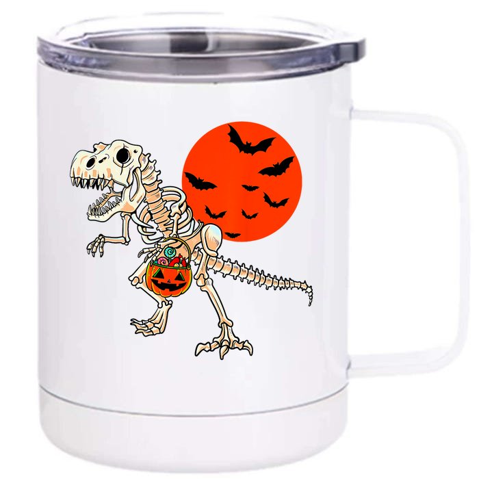 Scary Dinosaur Halloween Costume Trex Skeleton Pumpkin Moon Gift Front & Back 12oz Stainless Steel Tumbler Cup