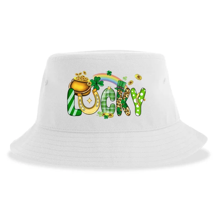 St.Patricks Day happy Shenanigans shamrock lucky rainbow pot Sustainable Bucket Hat