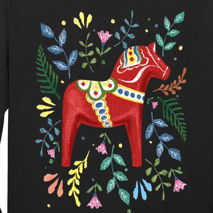 Swedish Dala Horse Folk Art Sweden Flag Dalahelmsoljd Tall Long Sleeve T-Shirt