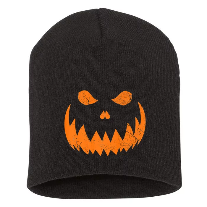 Sinister Distressed Halloween Jack O Lantern Face Short Acrylic Beanie