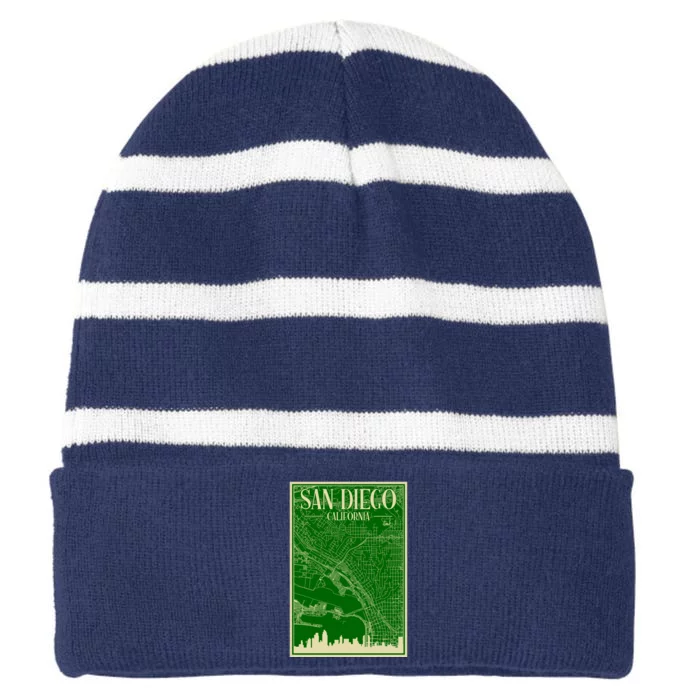 San Diego Hand Drawn Skyline Map Striped Beanie with Solid Band