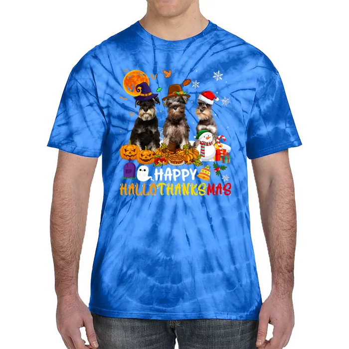 Schnauzer Dog Happy Hallothanksmas Xmas Dog Lover Gift Tie-Dye T-Shirt