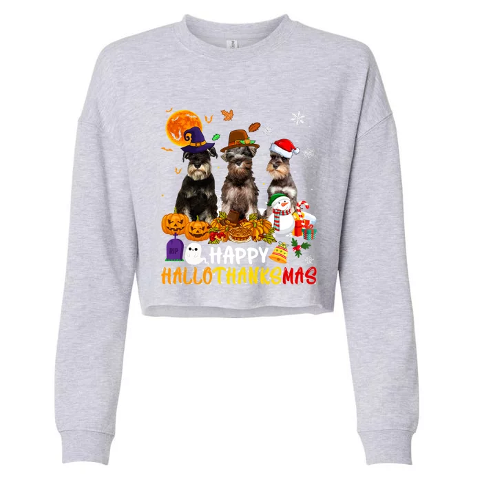 Schnauzer Dog Happy Hallothanksmas Xmas Dog Lover Gift Cropped Pullover Crew