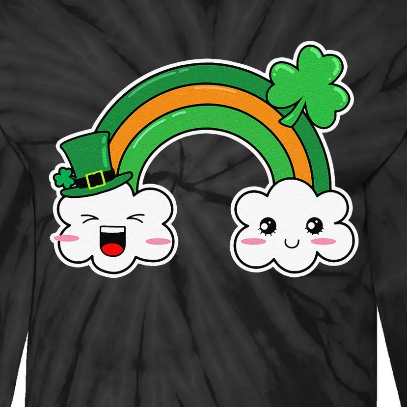 St.Patrick's Day Irish Rainbow Leprechaun Hat And Shamrock Tie-Dye Long Sleeve Shirt