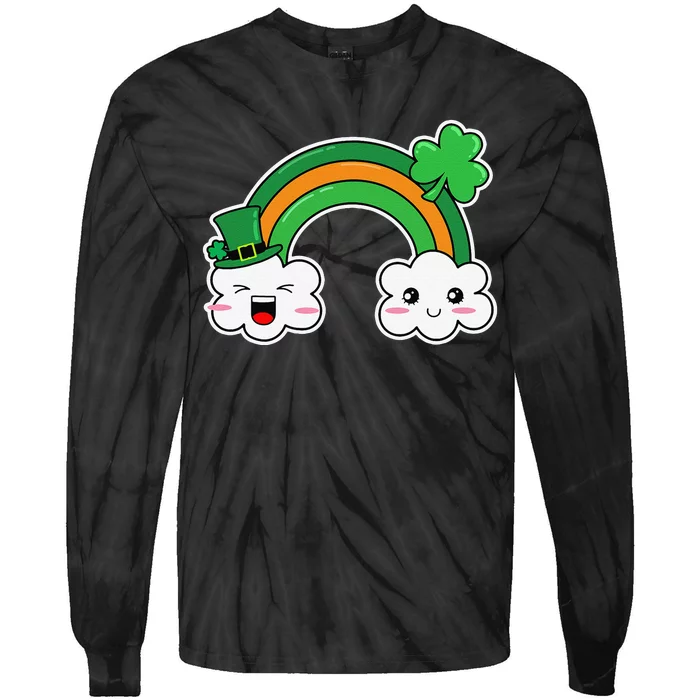 St.Patrick's Day Irish Rainbow Leprechaun Hat And Shamrock Tie-Dye Long Sleeve Shirt