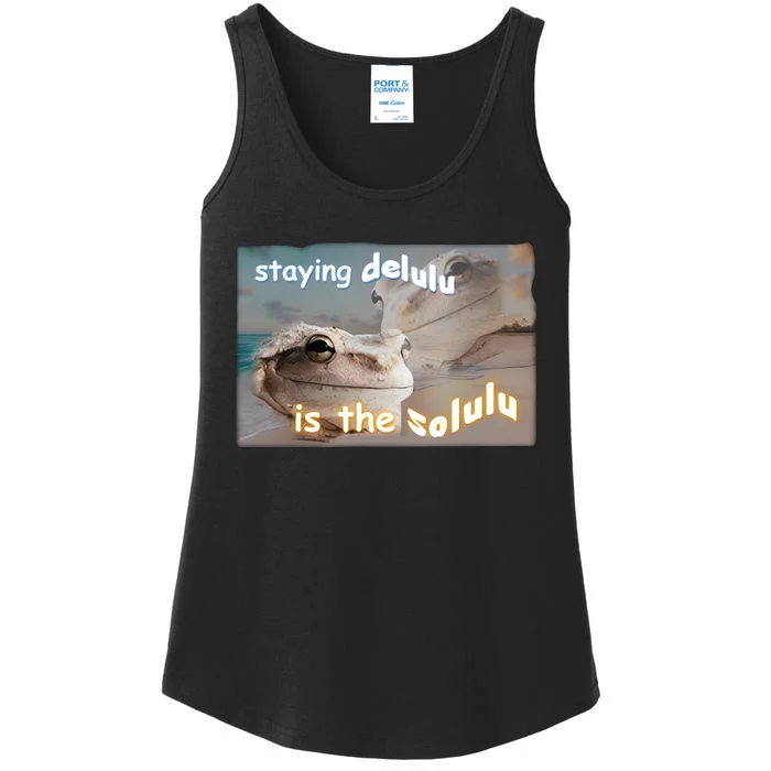 Staying Delulu Is The Solulu Frog Meme Ladies Essential Tank