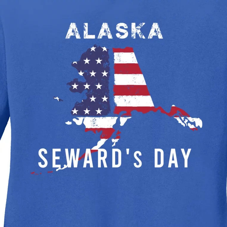 Seward's Day In The United States Alaska Map American Flag Gift Ladies Long Sleeve Shirt