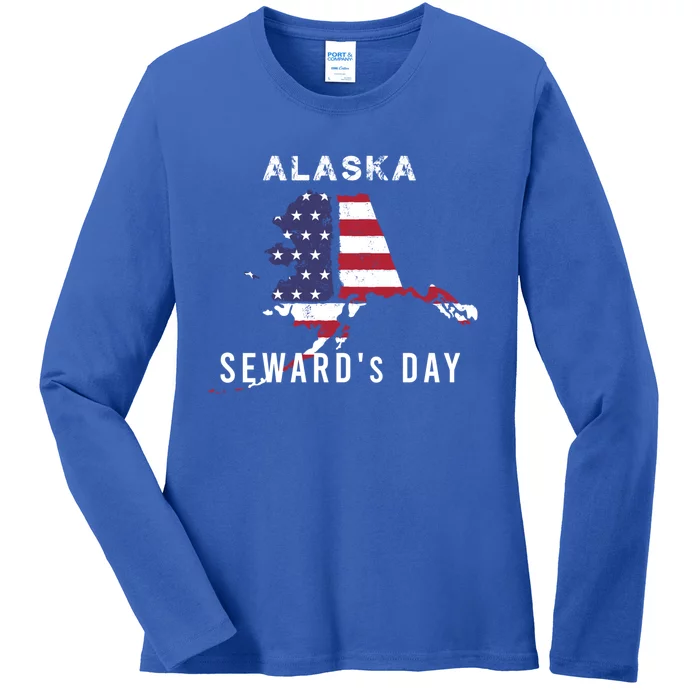 Seward's Day In The United States Alaska Map American Flag Gift Ladies Long Sleeve Shirt