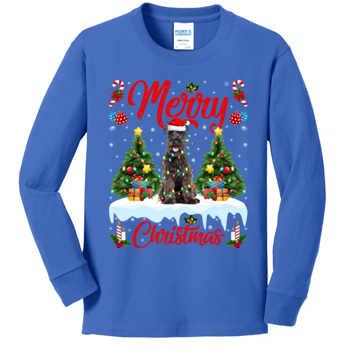 Schnauzer Dog Lights Xmas Tree Santa Schnauzer Christmas Gift Kids Long Sleeve Shirt