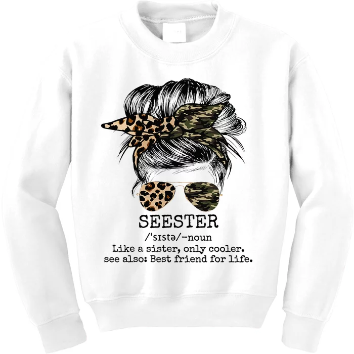 Seester Definition Messy Bun Camo Cheetah Kids Sweatshirt