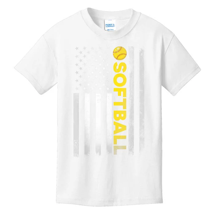 Softball Dad Mom USA US American Flag Kids T-Shirt