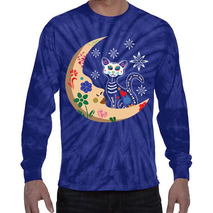 Souls Day Muertos Day Of Dead Sugar Skull Moon Cat Floral Tie-Dye Long Sleeve Shirt