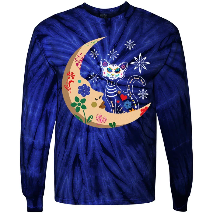 Souls Day Muertos Day Of Dead Sugar Skull Moon Cat Floral Tie-Dye Long Sleeve Shirt