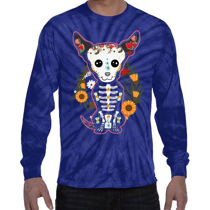 Souls Day Muertos Day Of Dead Sugar Skull Chihuahua Dog Tie-Dye Long Sleeve Shirt