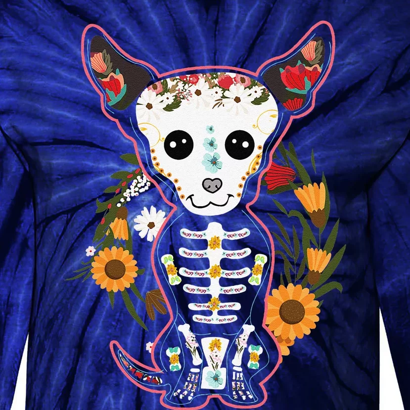 Souls Day Muertos Day Of Dead Sugar Skull Chihuahua Dog Tie-Dye Long Sleeve Shirt