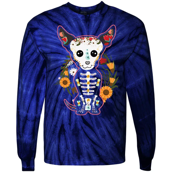 Souls Day Muertos Day Of Dead Sugar Skull Chihuahua Dog Tie-Dye Long Sleeve Shirt