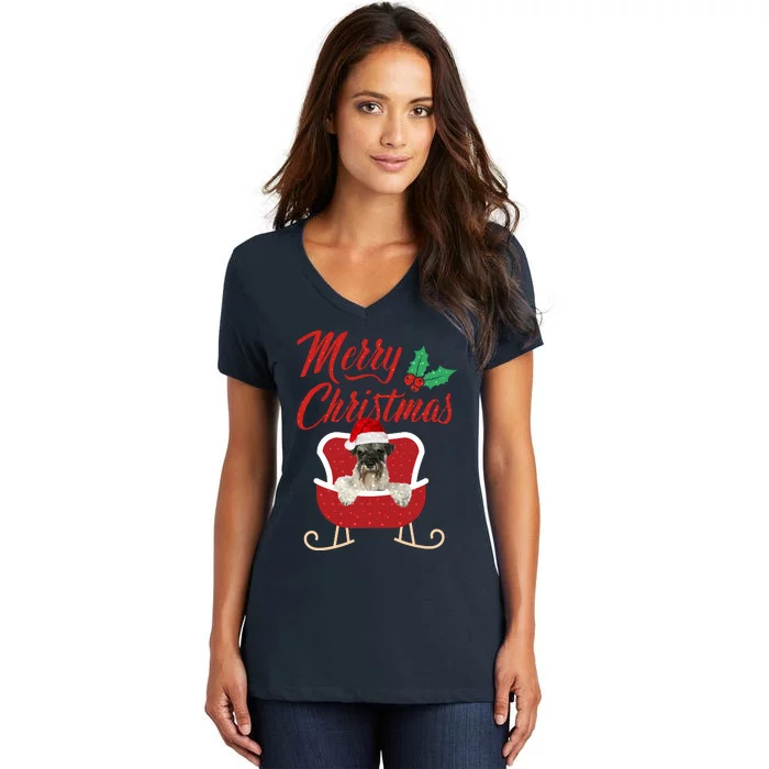 Schnauzer Dog Merry Christmas Design For The Holiday Season! Women's V-Neck T-Shirt