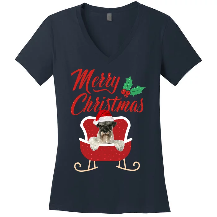 Schnauzer Dog Merry Christmas Design For The Holiday Season! Women's V-Neck T-Shirt