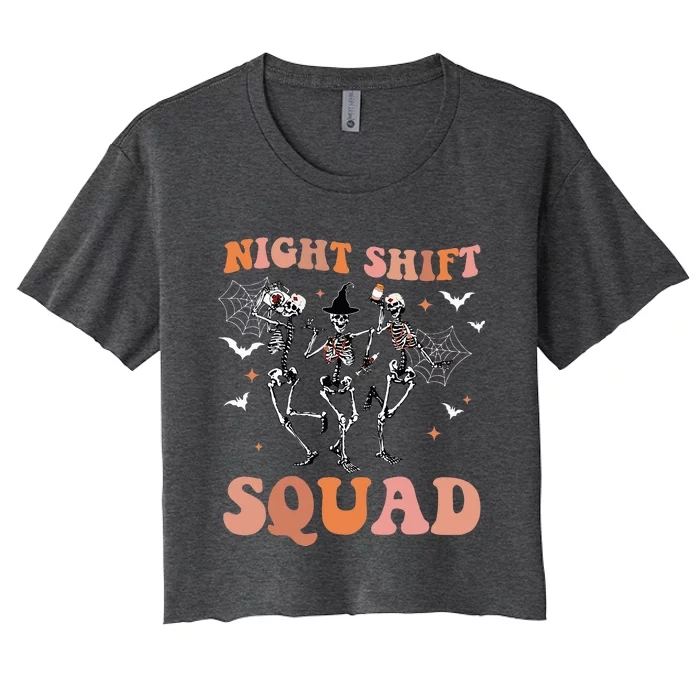 Skeleton Dancing Nurse Night Squad Shift Halloween Women's Crop Top Tee