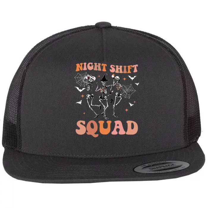 Skeleton Dancing Nurse Night Squad Shift Halloween Flat Bill Trucker Hat