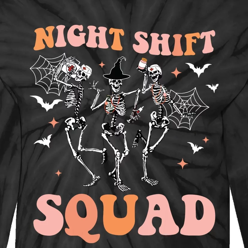 Skeleton Dancing Nurse Night Squad Shift Halloween Tie-Dye Long Sleeve Shirt