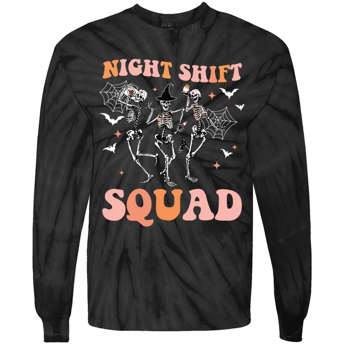 Skeleton Dancing Nurse Night Squad Shift Halloween Tie-Dye Long Sleeve Shirt