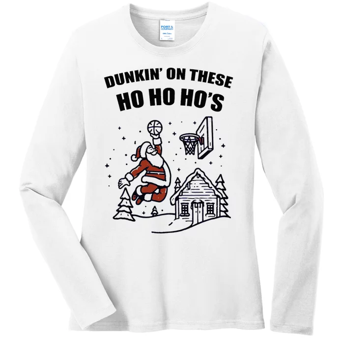 Santa Dunkin' on these Ho Ho Ho Christmas Ladies Long Sleeve Shirt