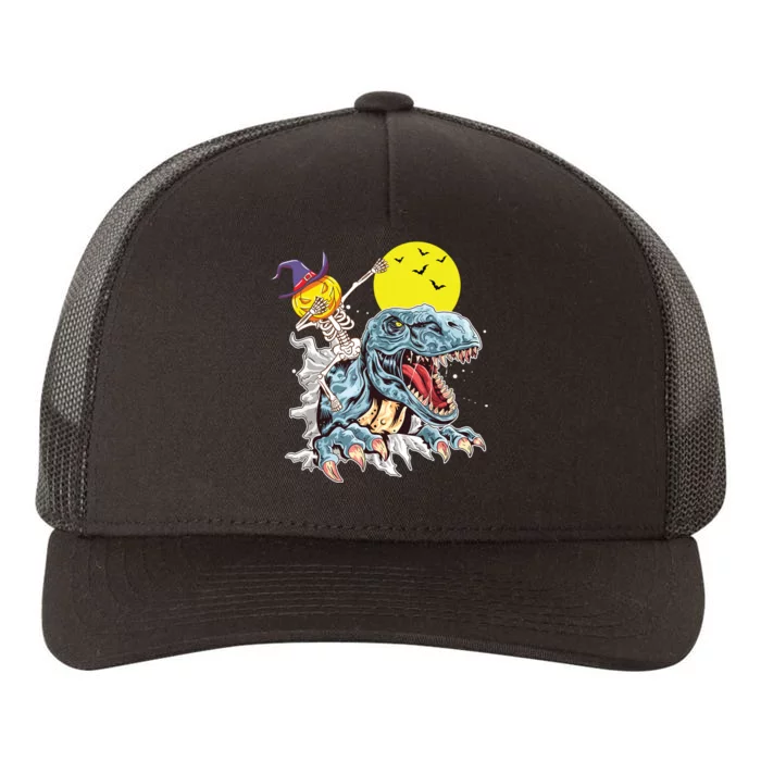 Skeleton Dabbing On Dinosaur Halloween Pumpkin Adventure Yupoong Adult 5-Panel Trucker Hat