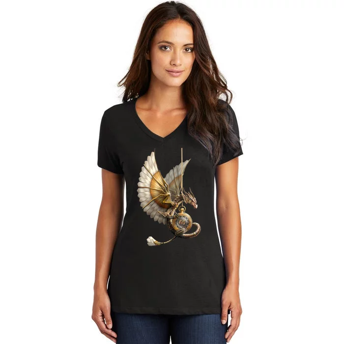 Steampunk Dragon On Watch Vintage Women's V-Neck T-Shirt