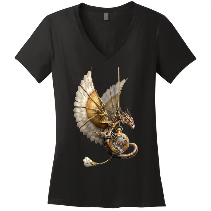 Steampunk Dragon On Watch Vintage Women's V-Neck T-Shirt