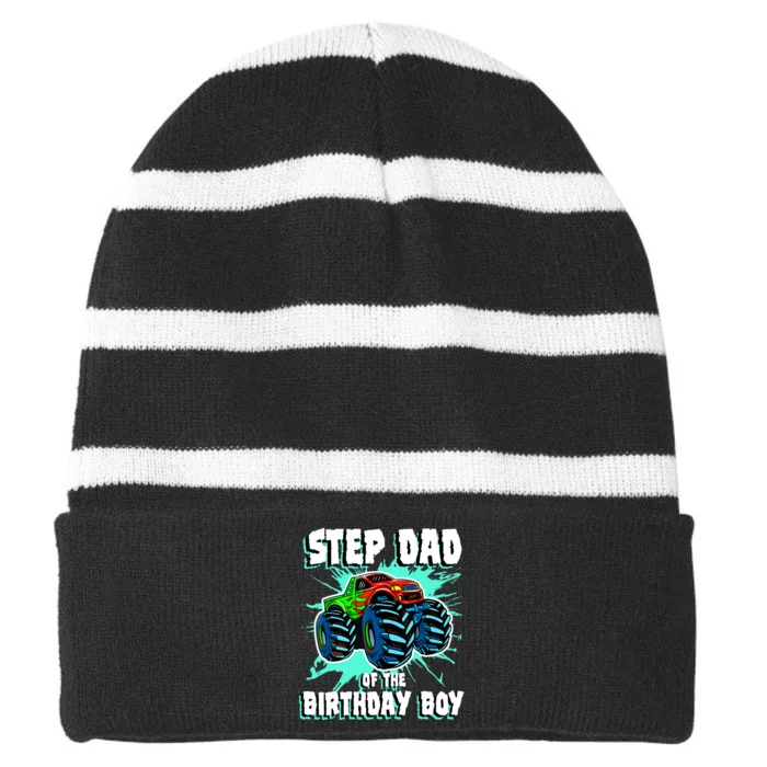 Step Dad Of The Birthday Boy Monster Truck Birthday Party Striped Beanie with Solid Band