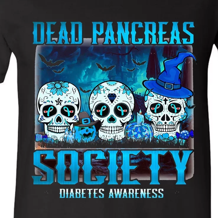 Skull Dead Pancreas Society Diabetes Awareness Halloween V-Neck T-Shirt