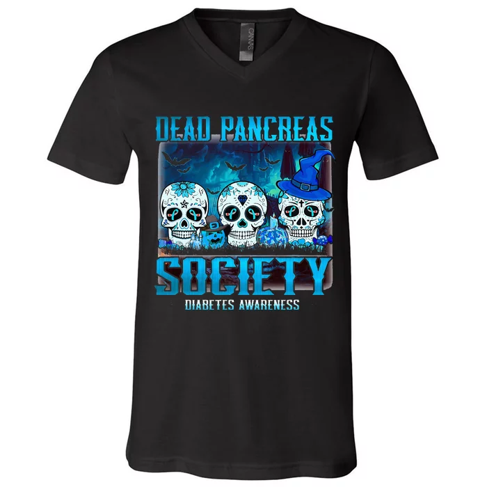 Skull Dead Pancreas Society Diabetes Awareness Halloween V-Neck T-Shirt