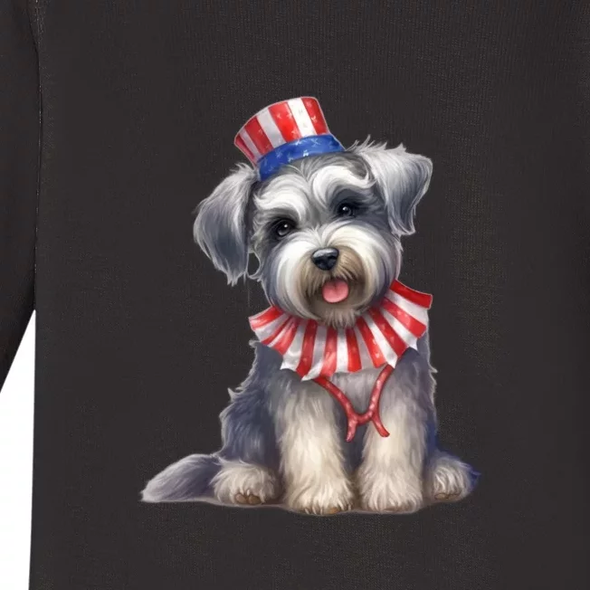 Schnauzer Dog Puppy USA Flag Cute Schnauzer Puppy Baby Long Sleeve Bodysuit