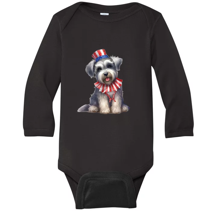 Schnauzer Dog Puppy USA Flag Cute Schnauzer Puppy Baby Long Sleeve Bodysuit